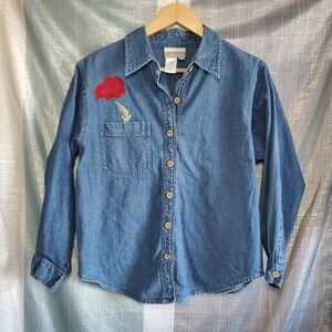 Coldwater Creek Denim Shirt Embroidered Red‎ Roses Blue Cotton Women PM Garden